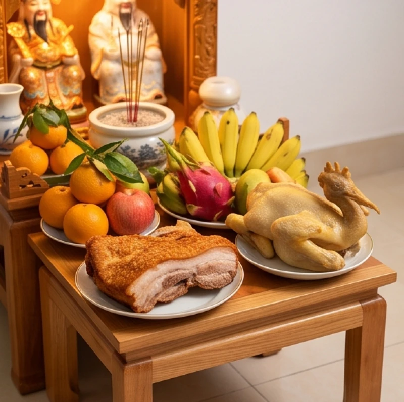 Đĩa thịt heo quay da giòn và gà luộc nguyên con được xếp gọn gàng trên chiếc bàn phụ trước án gian