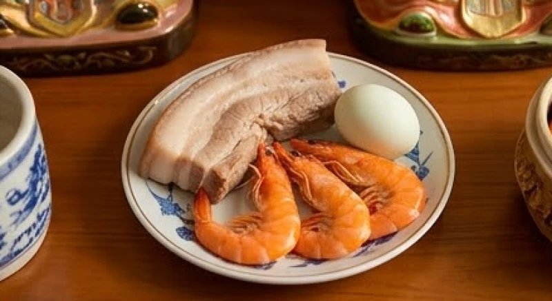 Đĩa tam sên truyền thống gồm thịt heo luộc, tôm và trứng vịt dâng lên ban thờ Thần Tài rằm tháng 7