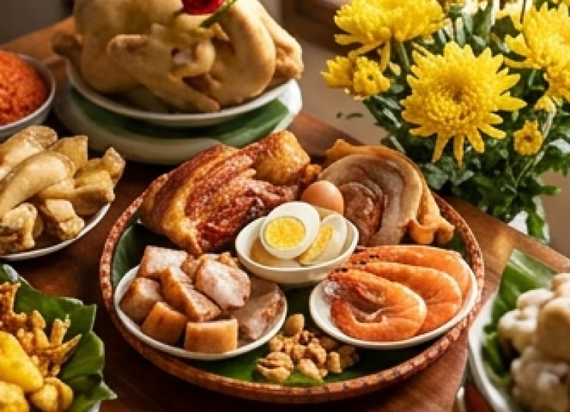 Mâm cúng bàn thờ Thần Tài Thổ Địa nổi bật với bộ Tam Sên gồm thịt heo quay, trứng luộc và tôm luộc