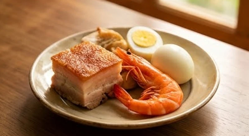 Bộ tam sên gồm miếng thịt heo quay, tôm luộc nguyên con và trứng luộc đại diện cho ba hình thái sự sống