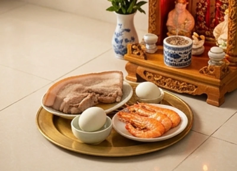 Văn khấn hạ bàn thờ để chuyển nhà: Bài cúng chuẩn và cách hạ đồ 7 Mâm cúng Thần Tài Thổ Địa được đặt dưới nền gạch với bộ tam sên gồm thịt heo quay, trứng luộc và tôm luộc đầy đặn