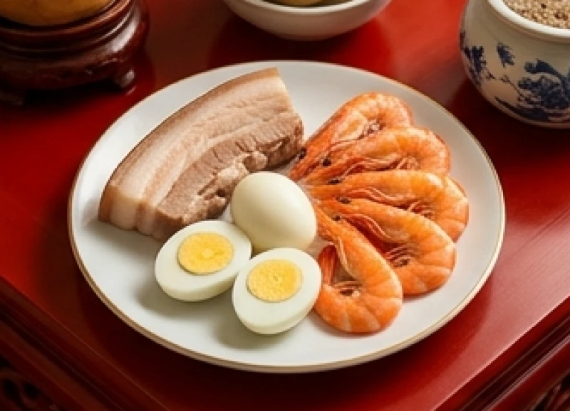 Đĩa Tam sên gồm thịt heo luộc, ba con tôm và ba quả trứng luộc đặt ngay ngắn trên mâm