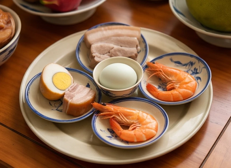 Mâm cúng vía Thần Tài truyền thống với bộ tam sên gồm thịt heo luộc, trứng vịt và tôm tươi sắp xếp trên đĩa