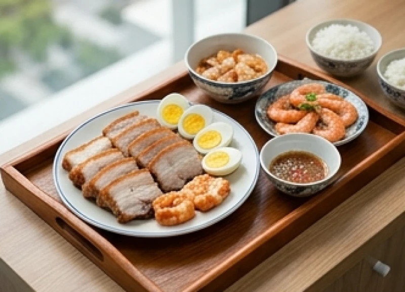 Bộ tam sên và thịt heo quay giòn rụm bày trên mâm cúng vía Thần Tài mùng 10