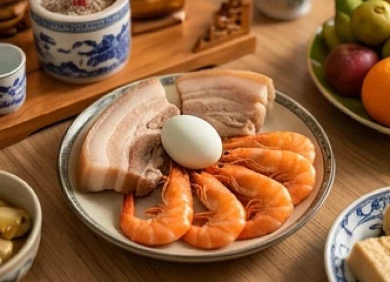 Mâm cúng bộ Tam sên gồm thịt heo luộc tôm và trứng vịt được chuẩn bị chu đáo trong ngày vía Thần Tài