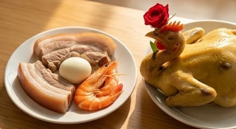 Bộ tam sên gồm thịt luộc trứng và tôm cùng gà luộc ngậm hoa hồng đỏ trên bàn cúng