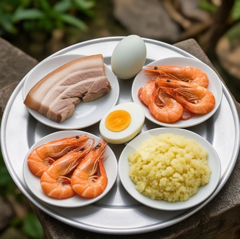 Đĩa tam sên truyền thống gồm thịt ba chỉ luộc, trứng vịt và tôm đặt cạnh đĩa xôi nếp đậu xanh