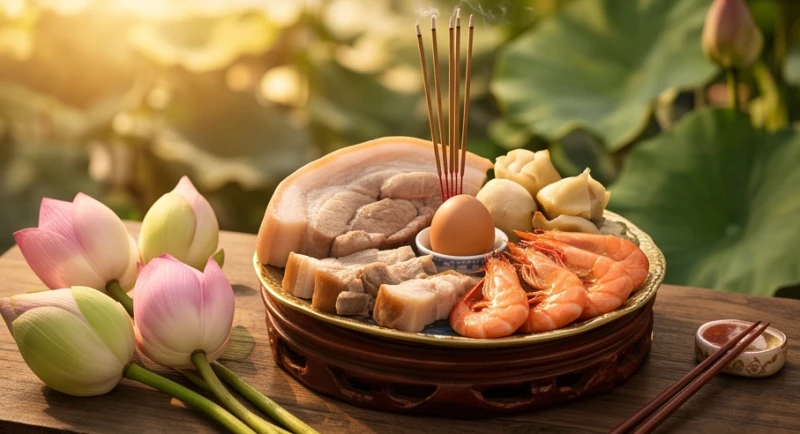 Mâm cúng giải hạn tam tai với bộ tam sênh và hương hoa đặt trang trọng ngoài trời