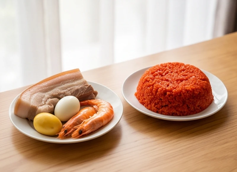 Văn khấn tạ lễ Tam Tai cuối năm: Mâm cúng, ngày giờ và bài khấn 9 Đĩa xôi gấc đỏ tươi đặt cạnh bộ tam sinh gồm thịt lợn luộc, tôm và trứng trên mâm lễ mặn cúng thần linh
