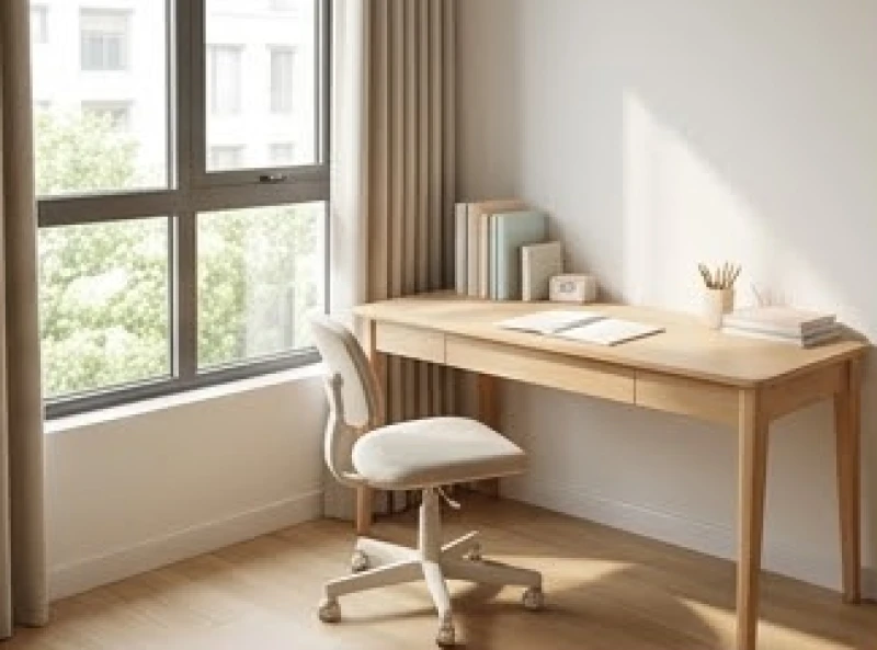 Bàn học được đặt linh hoạt cạnh cửa sổ đầy đủ ánh sáng tự nhiên để tránh góc khuất
