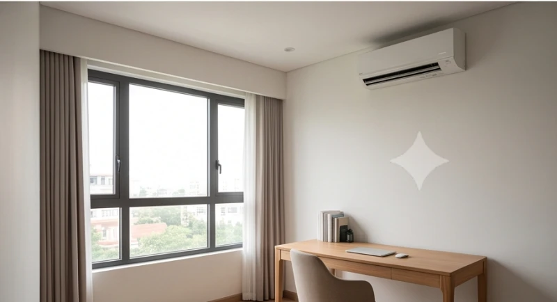 Căn phòng học có trần phẳng thoáng đãng, bàn ghế được kê lệch góc để tránh luồng gió máy lạnh trực tiếp
