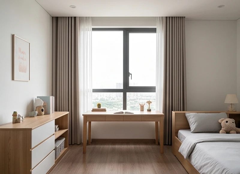 Không gian phòng ngủ được sắp xếp khoa học với bàn học sinh quay về phương Nam đón nắng sớm