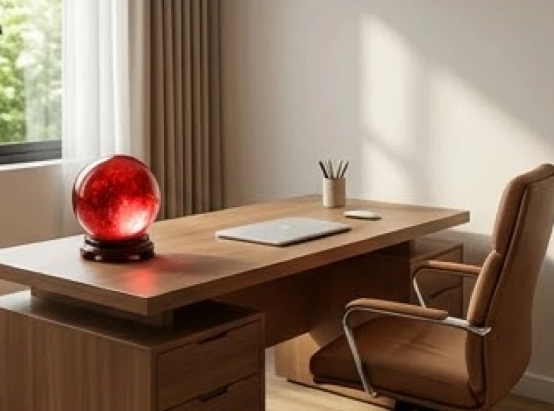 Bàn làm việc hướng sinh khí trang bị quả cầu thạch anh hồng để kích hoạt tài vượng