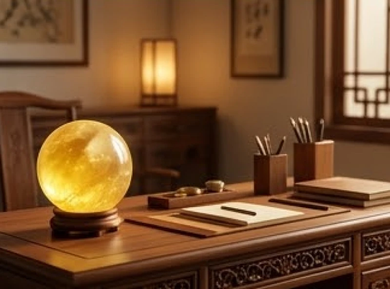 Tài lộc tuổi Mùi: Bản đồ dòng tiền 2026 và vị trí chiêu tài 8 Quả cầu thạch anh vàng được đặt ngay mép trái bàn làm việc gỗ hướng ra không gian quang đãng