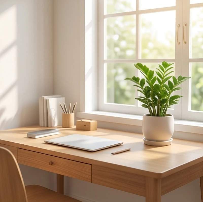 Bàn làm việc gỗ gọn gàng ngập tràn ánh sáng tự nhiên với chậu cây kim tiền nhỏ nhắn