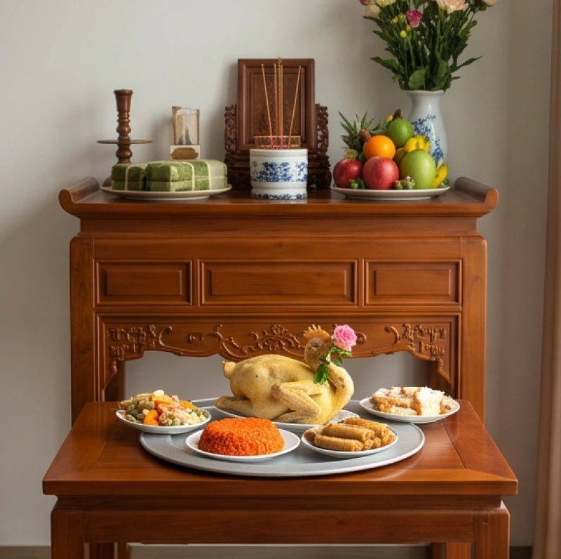 Văn khấn Giỗ Tổ Hùng Vương tại nhà: Bài cúng và cách sắm lễ chuẩn 5 Mâm cỗ mặn được đặt ở một chiếc bàn phụ thấp hơn phía dưới bát hương chính để giữ sự thanh tịnh