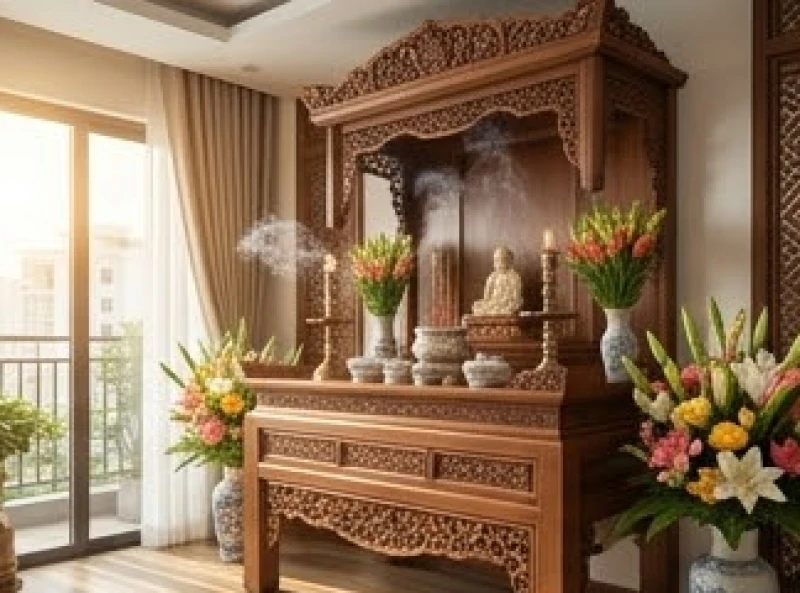 Hướng bàn thờ hợp tuổi Mùi: chuẩn 5 can chi và thước Lỗ Ban 1 Bàn thờ gia tiên bằng gỗ nguyên khối được bài trí trang nghiêm, đúng hướng phong thủy trong phòng khách