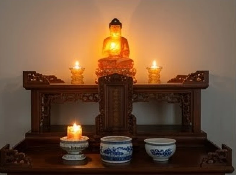 Bố trí bàn thờ nhiều cấp phân chia rõ ràng vị trí đặt tượng Phật và bài vị gia tiên