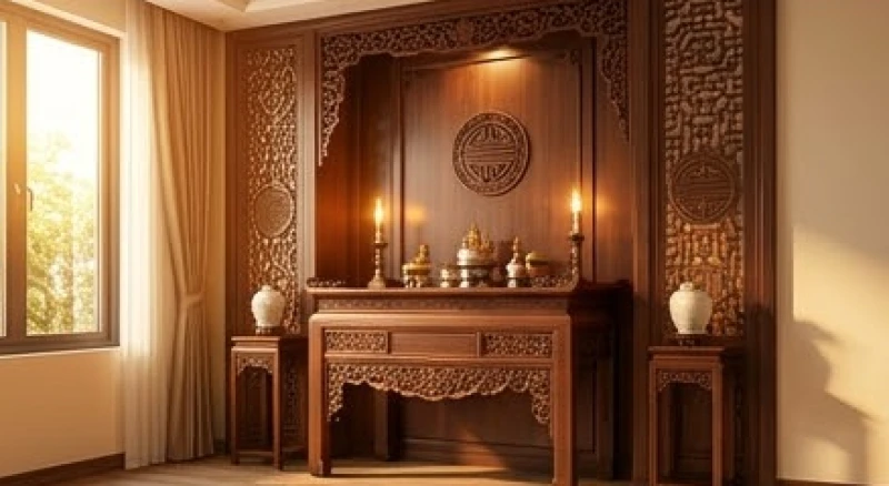 Không gian thờ cúng trang nghiêm với ánh sáng ấm áp hướng về phương vị Sinh Khí