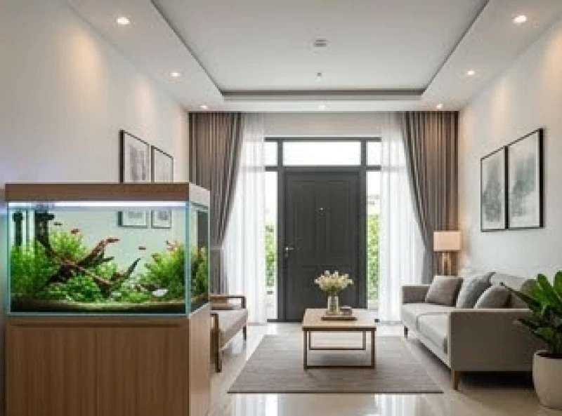 Bể cá phong thủy tuổi Hợi: cách tính hướng và định vị tụ tài 8 Bố trí bể cá phong thủy ở góc bên trái phòng khách nhìn từ trong ra