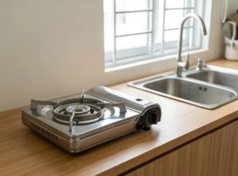 Bếp gas mini được kê cao và khô ráo cách xa khu vực chậu rửa bát để tránh xung đột phong thủy Thủy Hỏa