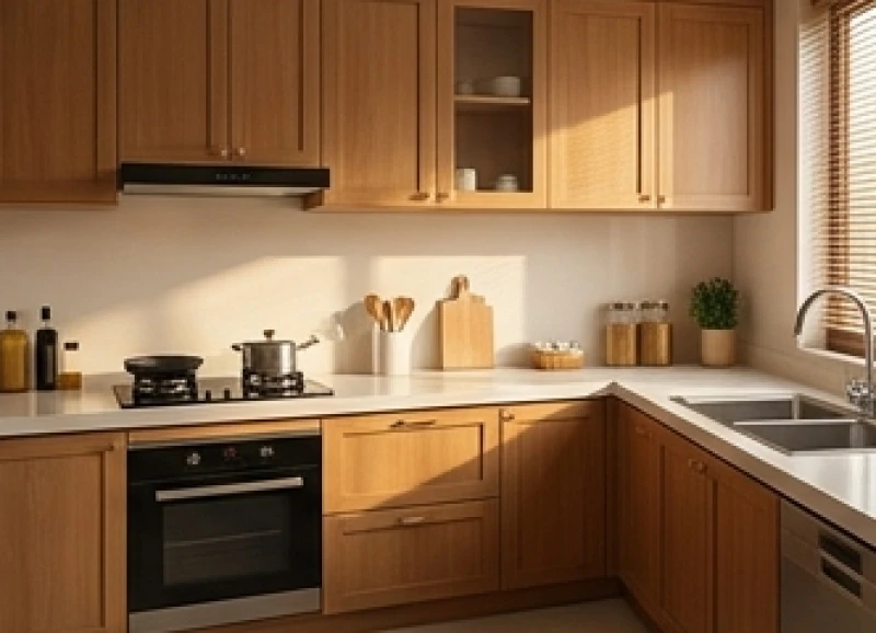 Căn bếp hiện đại với khu vực nấu nướng và chậu rửa được bố trí cách xa nhau đúng tiêu chuẩn