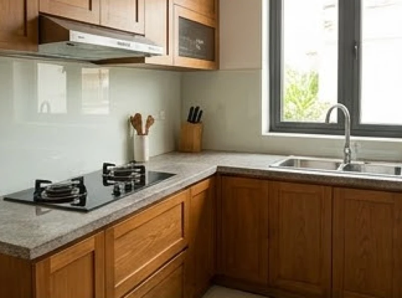 Khu vực bếp đun nấu hiện đại với chậu rửa bát được bố trí cách xa một khoảng an toàn so với bếp ga.