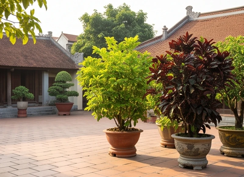 Cây trồng ngoài sân hợp tuổi Tỵ: chịu nắng gió và hướng đặt 3 Khu vực giữa sân tràn ngập ánh nắng với những chậu cây thân gỗ lớn vươn tán rộng không bị héo úa