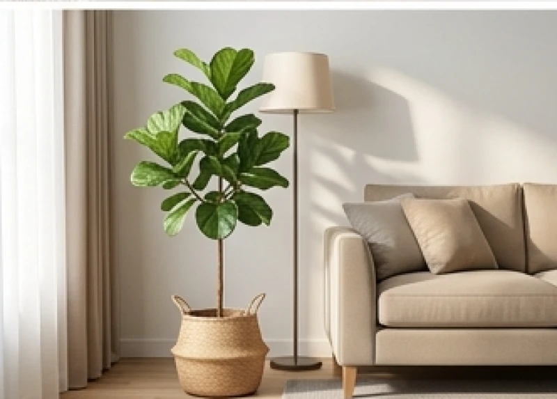 Chậu cây bàng cảnh lớn đặt tại góc phòng khách cạnh ghế sofa giúp hóa giải góc nhọn kiến trúc