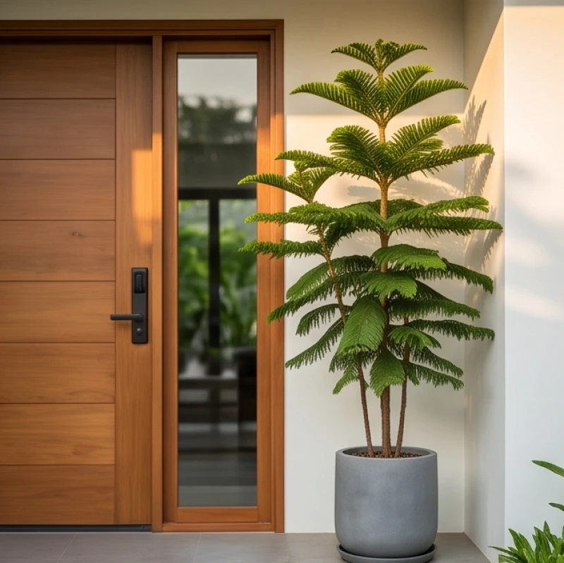 Cây trồng ngoài sân hợp tuổi Thân: Độ chịu nắng và vị trí 1 Chậu bàng Đài Loan tán lá xếp lớp đặt lệch bên hông cửa chính đón ánh nắng