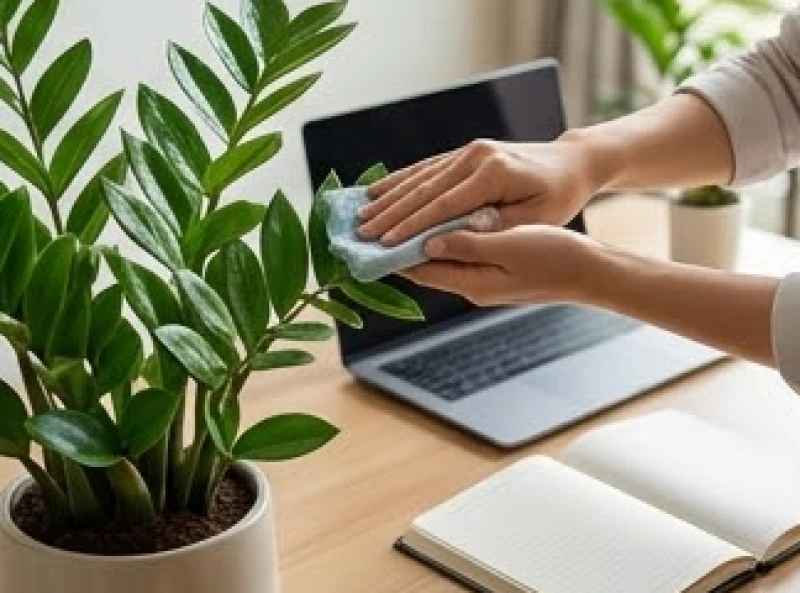 Đôi bàn tay đang cẩn thận dùng khăn mềm lau sạch bụi bẩn trên từng chiếc lá của chậu cây phong thủy