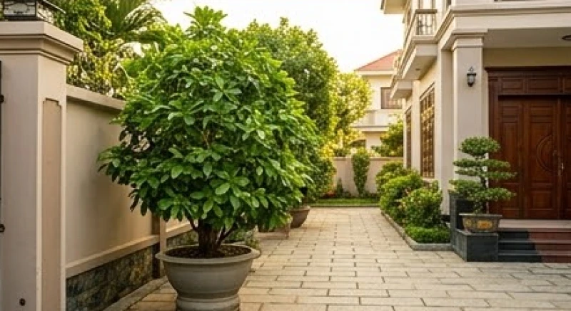 Bố trí chậu cây thân gỗ lớn nép gọn vào sát tường rào để chừa lại lối đi rộng rãi thẳng vào trong nhà