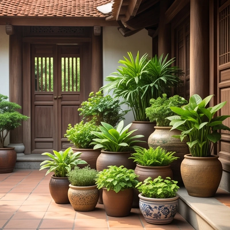 Các chậu cây lớn nhỏ được sắp xếp đan xen theo hình bậc thang có khoảng lùi so với cổng chính