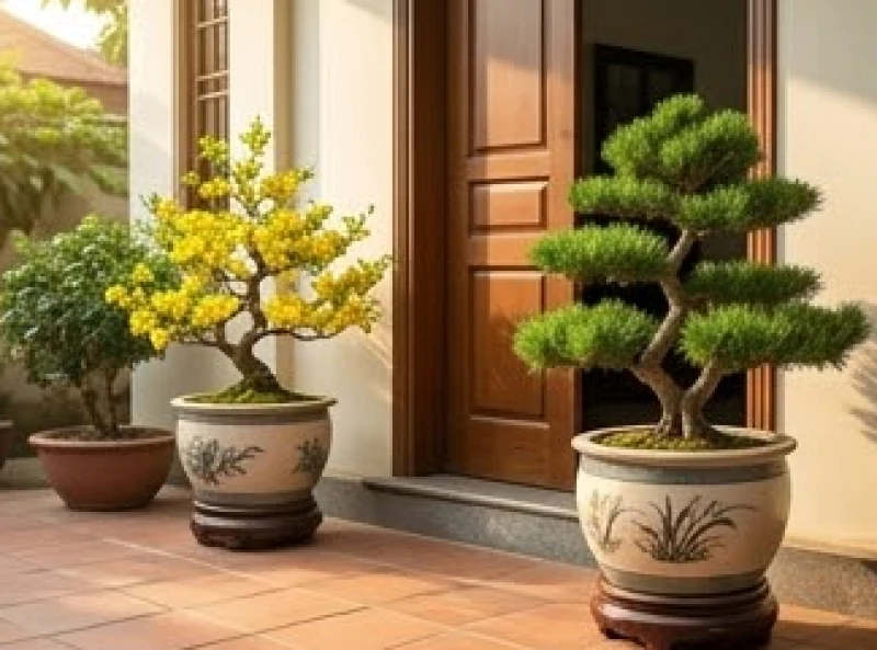 Chậu cây mai vàng và tùng la hán được bố trí gọn gàng trước hiên nhà ngập nắng rực rỡ