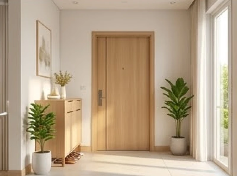 Lối vào căn hộ chung cư được bố trí gọn gàng đón sinh khí tươi mới