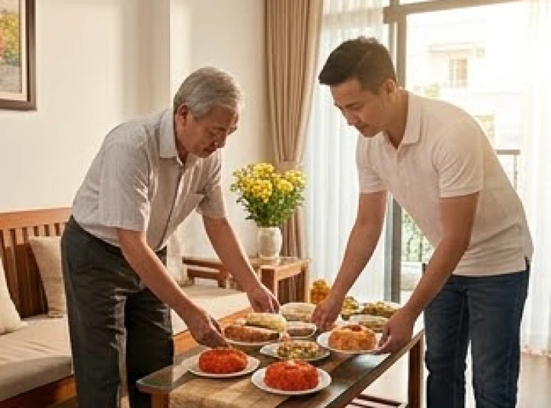 Ông ngoại và bố đang cẩn thận chuẩn bị mâm cúng đầy tháng cho em bé tại không gian phòng khách