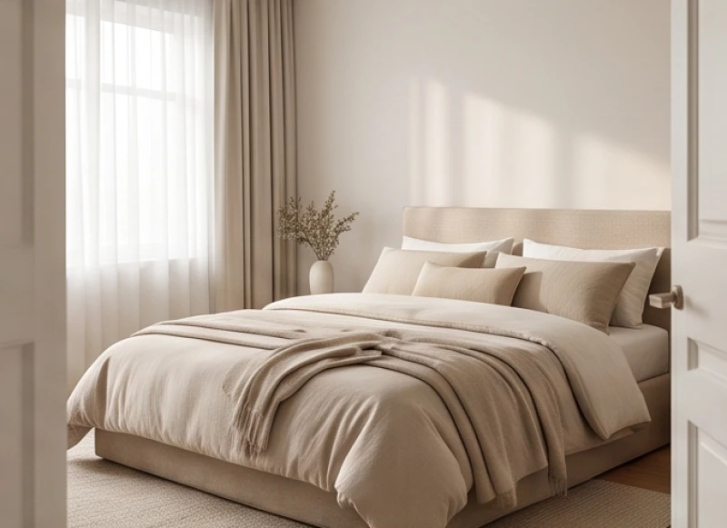 Giường ngủ êm ái đặt chéo góc với hướng cửa chính, tạo không gian nghỉ ngơi yên tĩnh và an toàn tuyệt đối