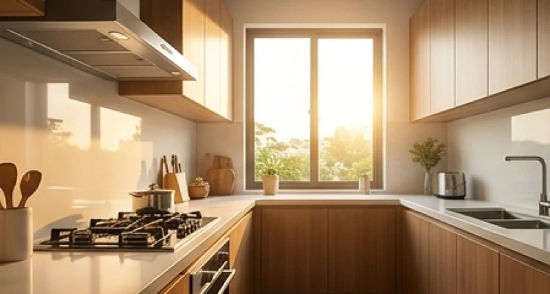 Căn bếp hiện đại có cửa sổ nhỏ phía trước đón gió và ánh sáng tự nhiên, giúp xua tan hung khí