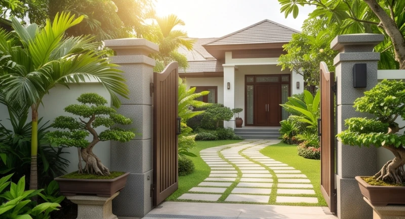 Nhâm Tý 1972 Hợp Hướng Nào: Chi Tiết Hướng Nhà và Cách Hóa Giải 8 Lối đi lát đá chẻ từ cổng chính uốn lượn nhẹ nhàng dẫn vào cửa nhà giữa hai hàng cây xanh