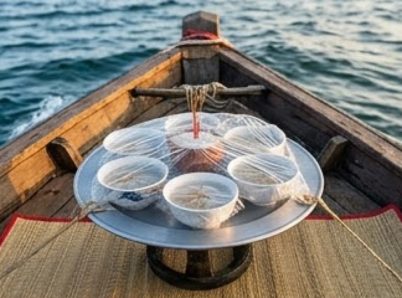 Văn khấn Bà Cậu tại ghe thuyền: Bài cúng chuẩn và vị trí dâng lễ 5 Khay lễ vật được cố định chắc chắn trên chiếc chiếu mới trải phẳng phiu sát khu vực lan can mũi ghe