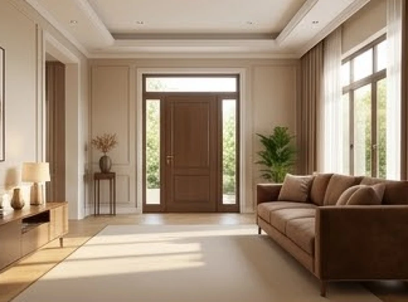Phòng khách hiện đại với sofa màu nâu đất đặt cách xa cửa chính theo chuẩn phong thủy