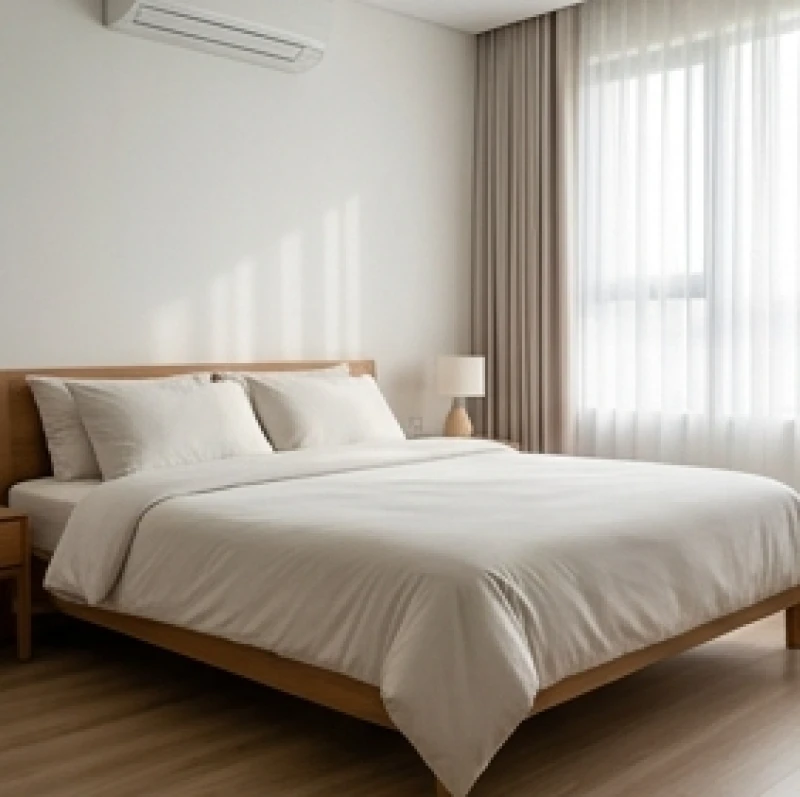 Phòng ngủ gọn gàng với giường đặt ở vị trí khuất gió và cách xa luồng khí lạnh của máy điều hòa