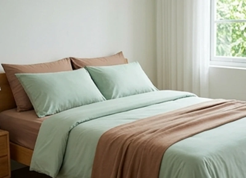 Phòng ngủ được sắp xếp gọn gàng với tông màu xanh lá và nâu đất mang lại cảm giác bình yên