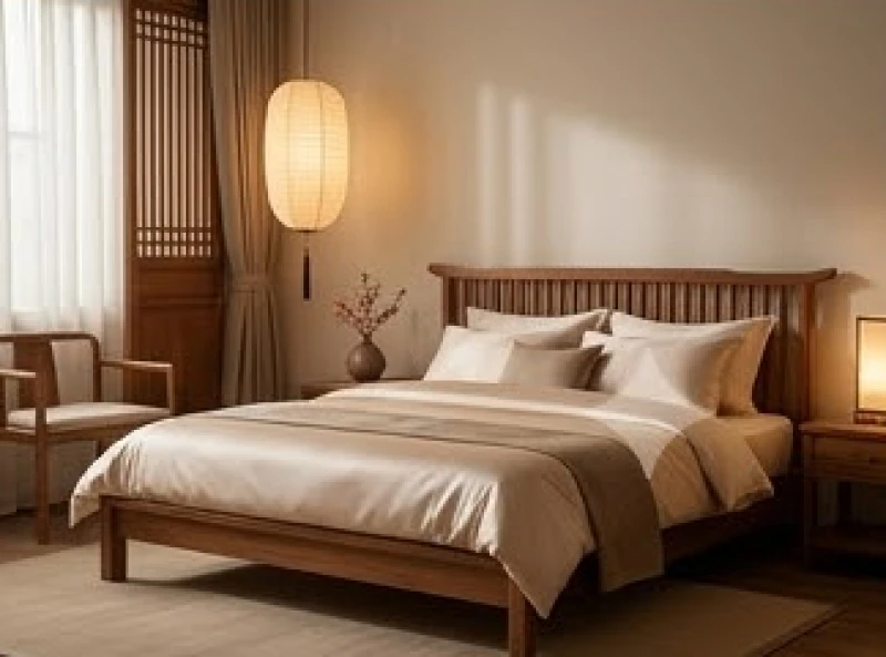 Không gian phòng ngủ được bài trí hài hòa với tông màu gỗ ấm áp và ánh sáng dịu nhẹ giúp tạo năng lượng bình an