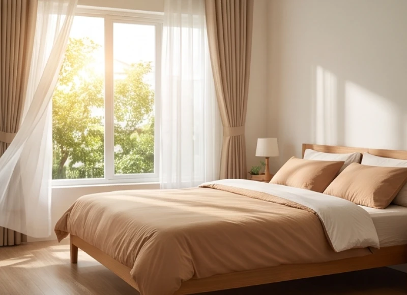 Không gian phòng ngủ thông thoáng với cửa sổ đón nắng và giường được kê đúng hướng sinh khí tốt