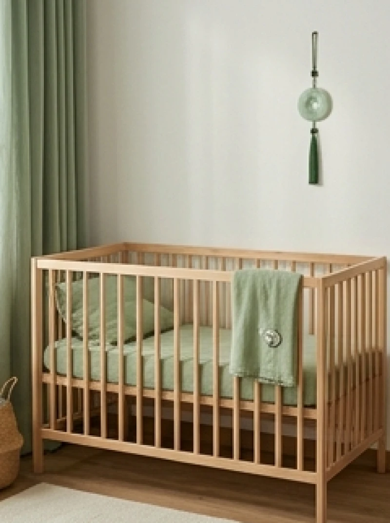 Phòng ngủ được bố trí nôi em bé và nội thất gỗ tự nhiên theo đúng phương vị tam hợp nhằm tăng cường sinh khí