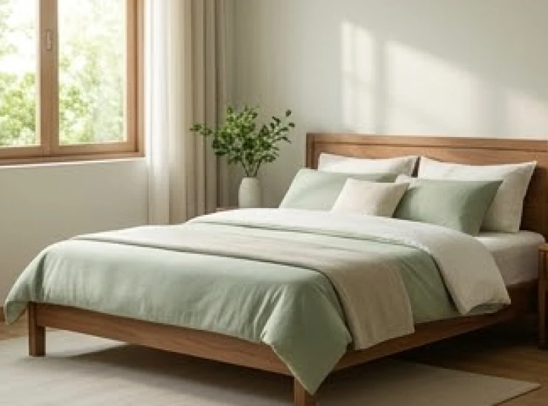 Giường ngủ bằng gỗ kê hướng cát với bộ chăn ga gối màu xanh lá cây êm ái và thanh lịch