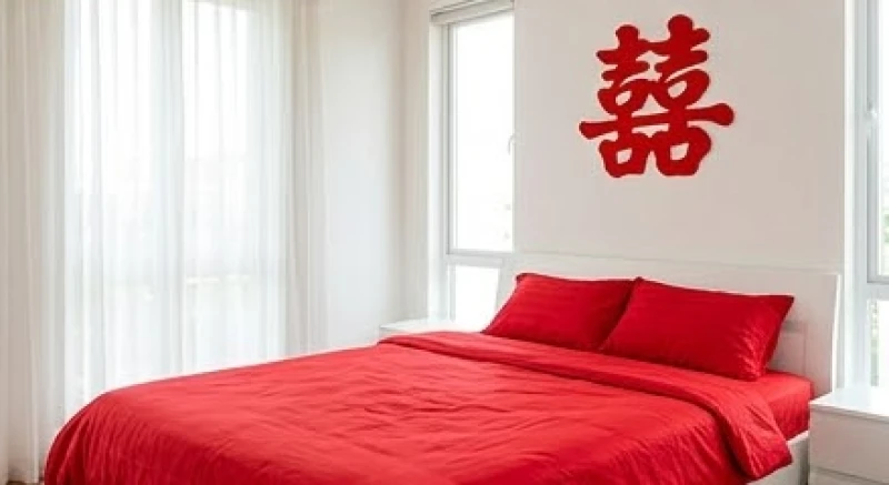 Tuổi Tuất Cưới Ngày Nào Tốt: Lịch 2026 Và Cách Hóa Giải 7 Giường tân hôn được trải bộ chăn ga gối nệm màu đỏ tươi tắn cùng chữ hỷ dán cẩn thận trên vách tường