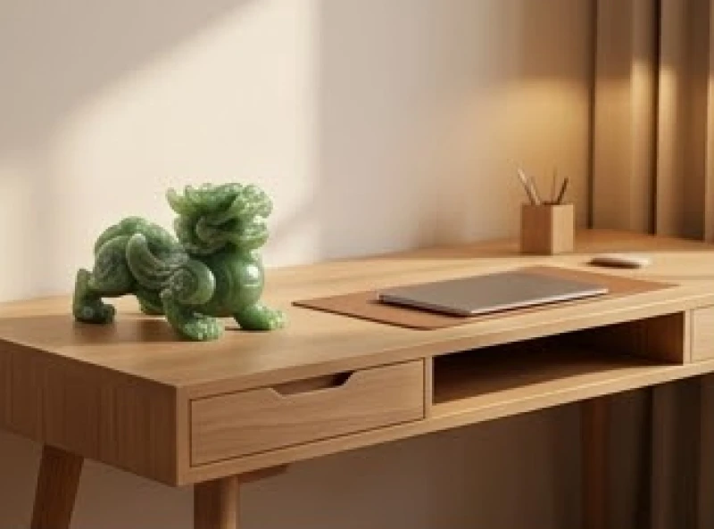 Bàn làm việc được bố trí gọn gàng với linh vật Tỳ Hưu để tụ tài khí