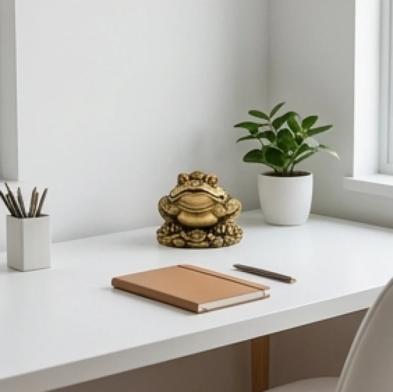 Vật phẩm phong thủy cho tuổi Thân: Bảng giá và cách khai quang 9 Không gian bàn làm việc gọn gàng được bố trí tượng Thiềm Thừ chiêu tài đúng hướng
